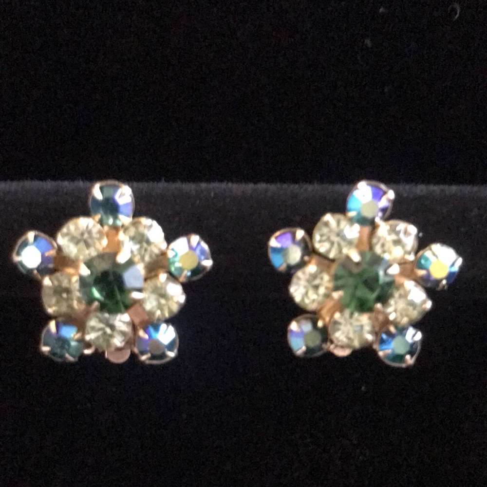 Vintage Weiss AB Rhinestones, blue and green clip-ons